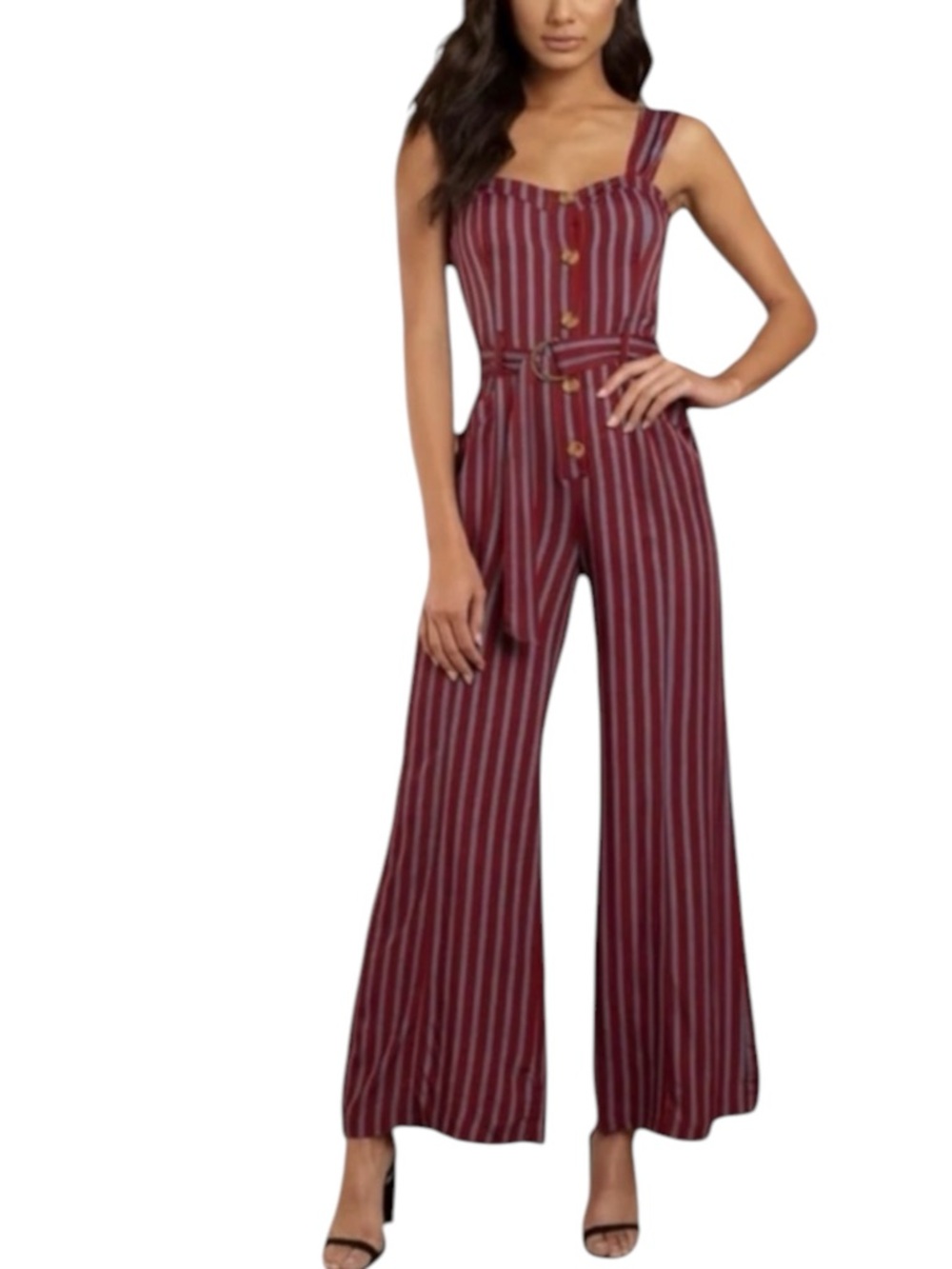 FREE PEOPLE City Girl Striped Jumpsuit Wine Red Button Front Size 0